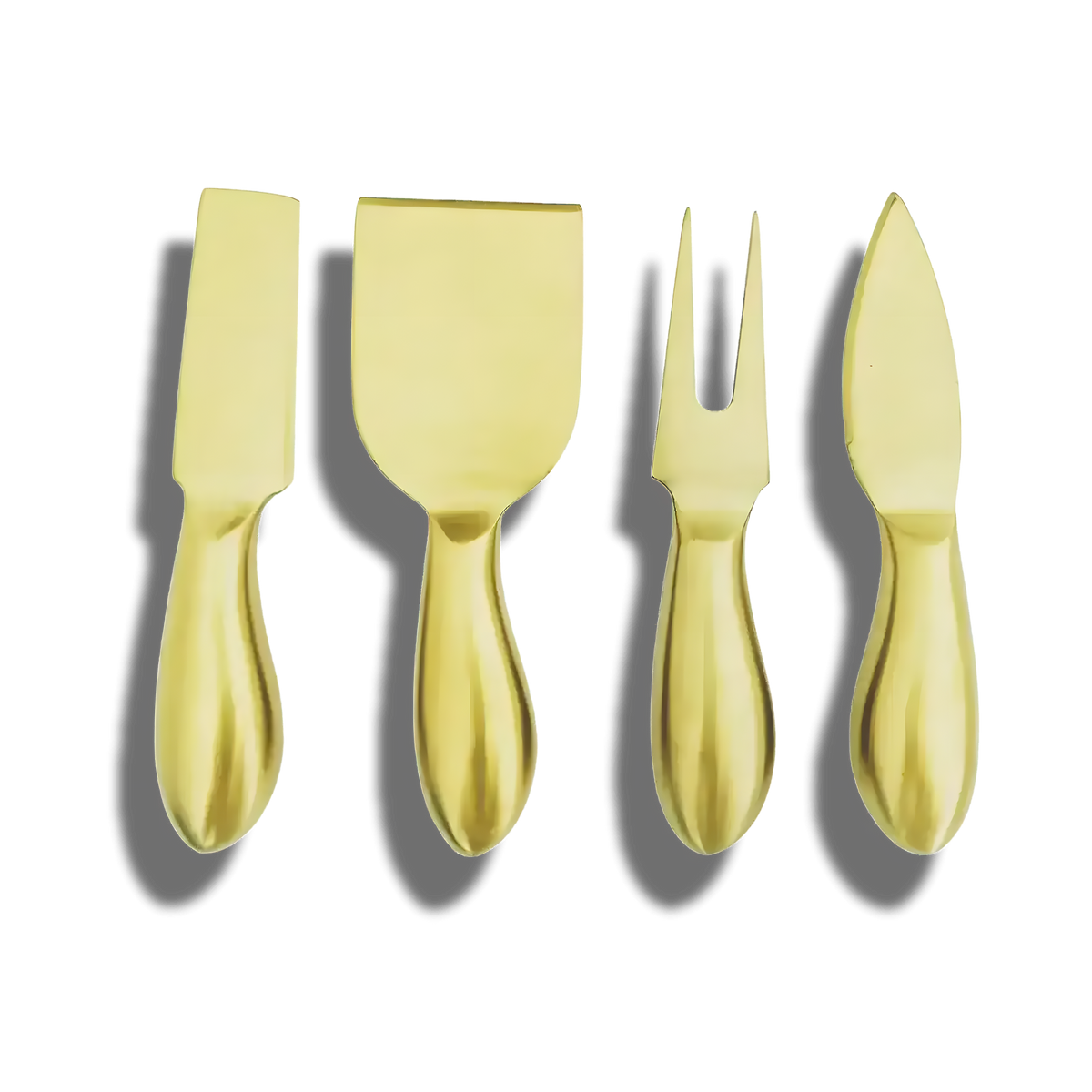 Stainless steel mini cheese knife set of 4 — flat-lay of four gold-toned pieces: cleaver, spatula, fork, and spreader knife