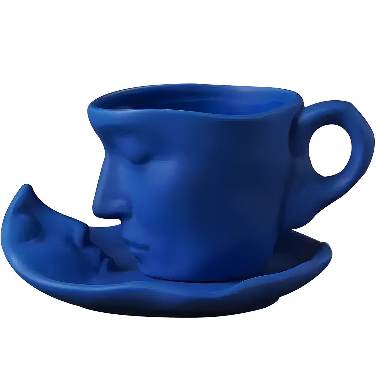 Blue ceramic thinker face mug with sculpted profile and matching saucer featuring reclining face, matte finish