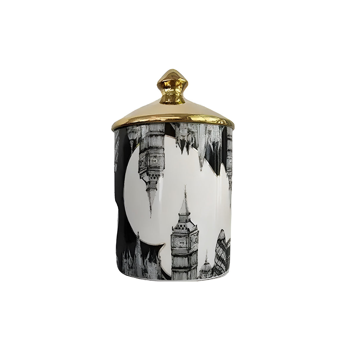 Full view of big ben decorative candle jar with gold domed lid and cylindrical ceramic body with black and white Big Ben sketch