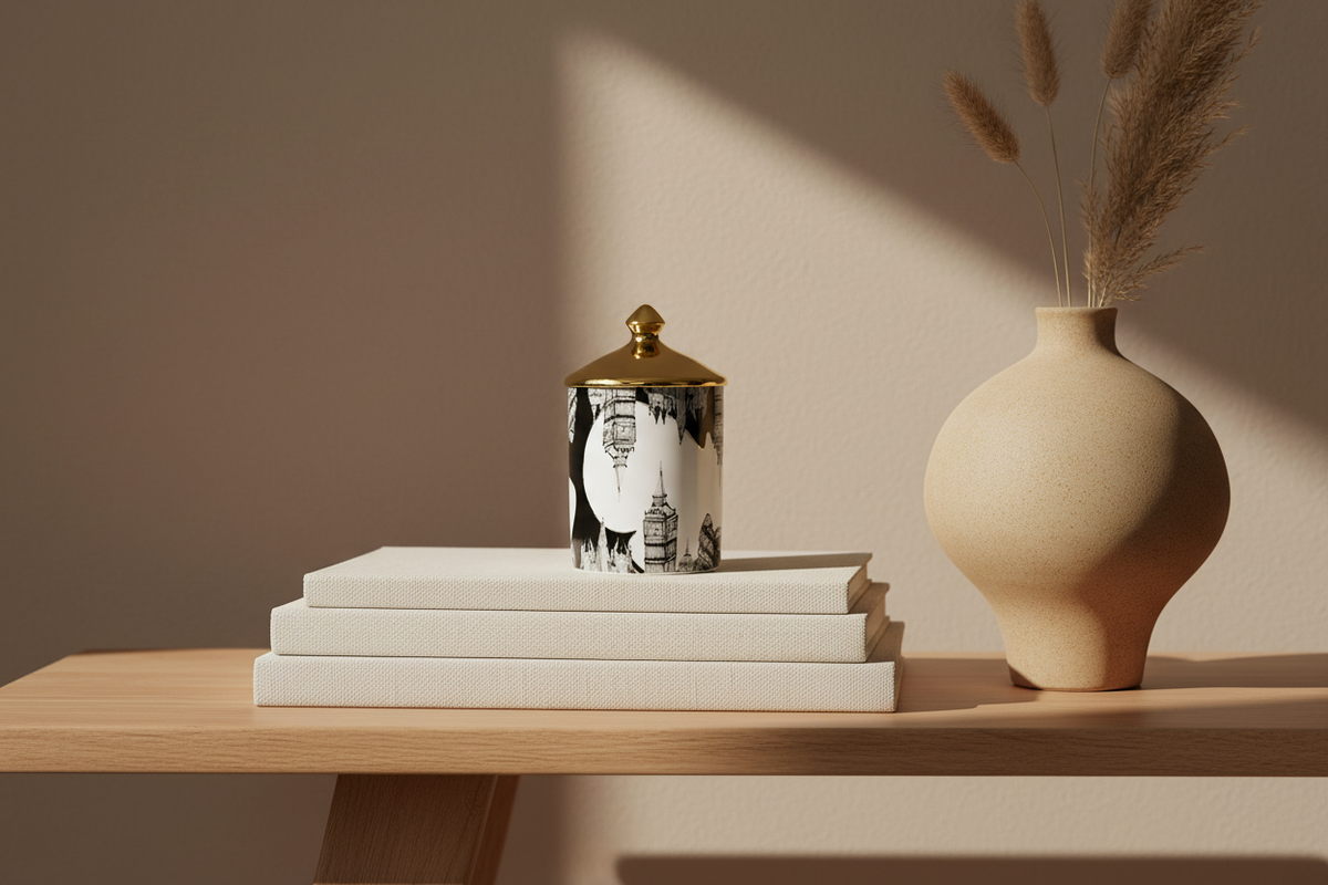 A decorative cylindrical jar with a black and white illustrated pattern and a gold lid sits on a stack of three white books on a light wood table, with a beige ceramic vase and dried grasses beside it against a beige wall with soft shadows.