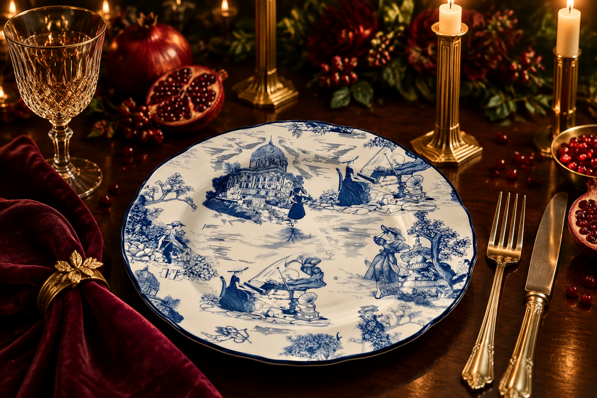 White and Blue Euro Chinoiserie Dinner Plate