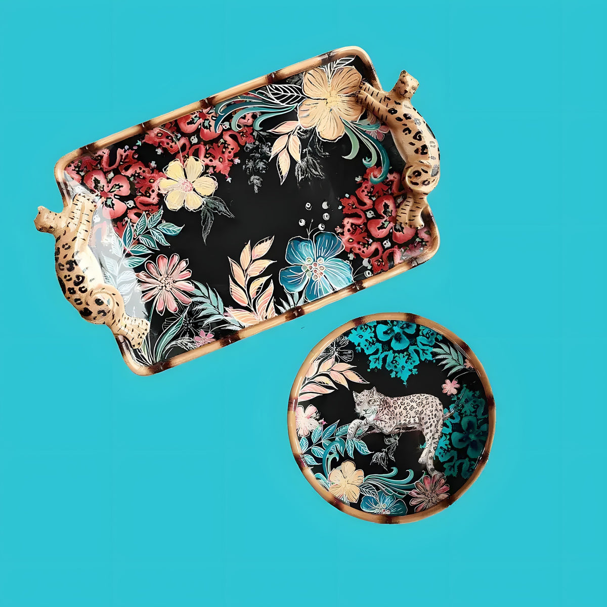 Jungle leopard floral ceramic plate set overhead on cyan, rectangular tray with leopard handles and matching round plate