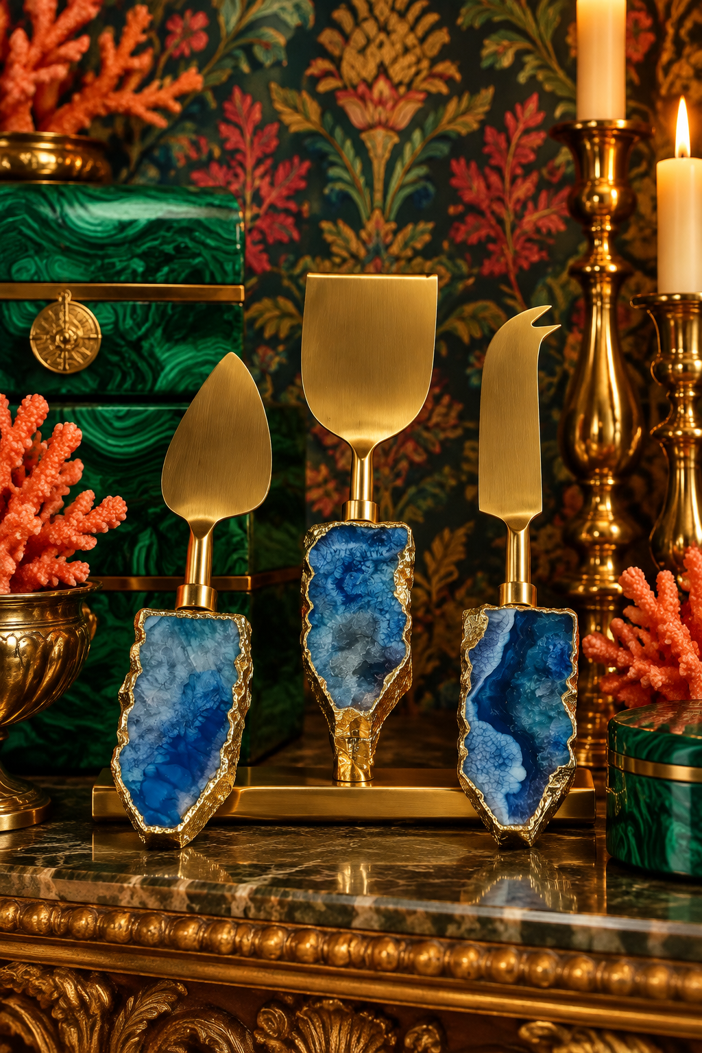 Blue Agate Brass Cheese Knife Set of 3