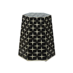 Bone inlay stardom side table — hexagonal tapered table with dense black ground and cream four-pointed star inlay all over