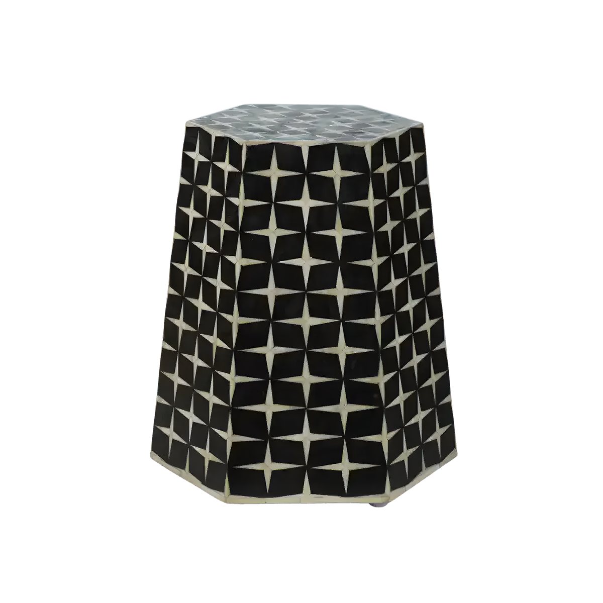 Bone inlay stardom side table — hexagonal tapered table with dense black ground and cream four-pointed star inlay all over