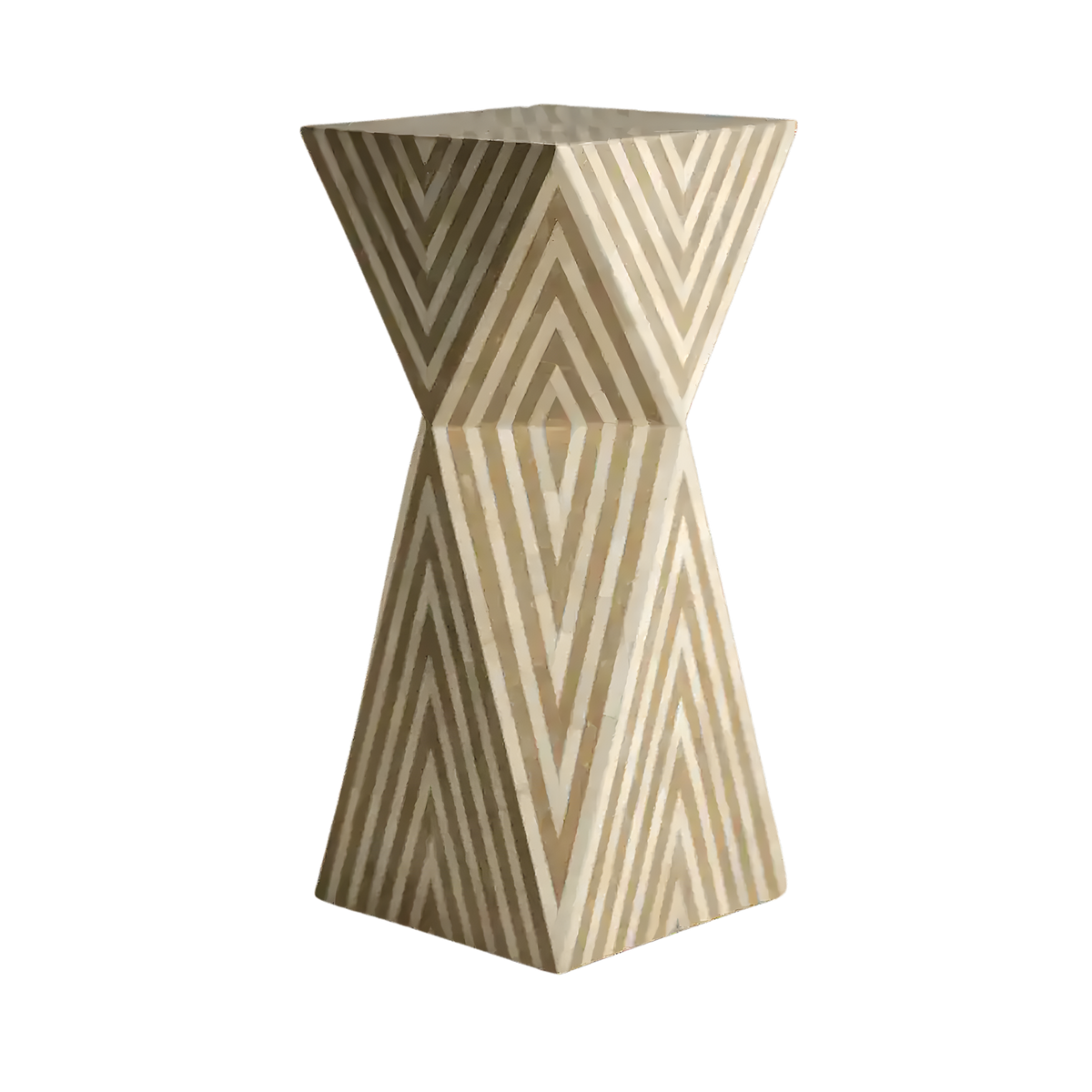 Ivory and tan Stardom bone inlay side table — hourglass-shaped pedestal with ivory tan chevron inlay