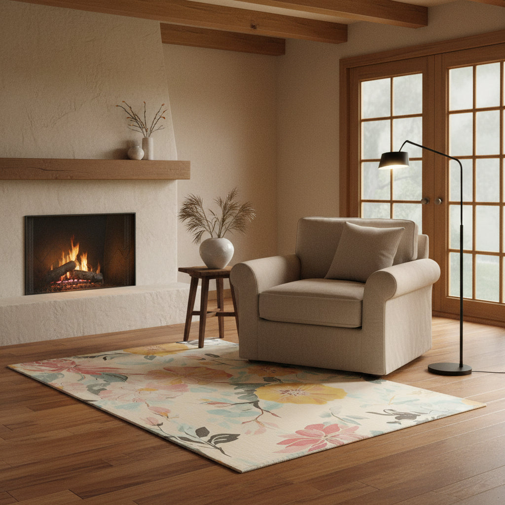 Floral patterned rug with pastel colors on a beige background