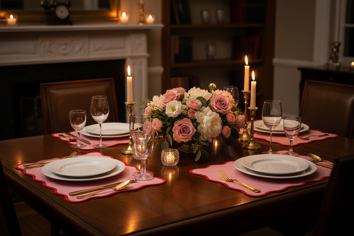 A warmly lit dining table set for four with white plates, pink scalloped placemats, clear wine glasses, gold cutlery, and a floral centerpiece with pink and white roses, candles, and a candle holder in a cozy indoor dining room.