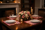 A warmly lit dining table set for four with white plates, pink scalloped placemats, clear wine glasses, gold cutlery, and a floral centerpiece with pink and white roses, candles, and a candle holder in a cozy indoor dining room.