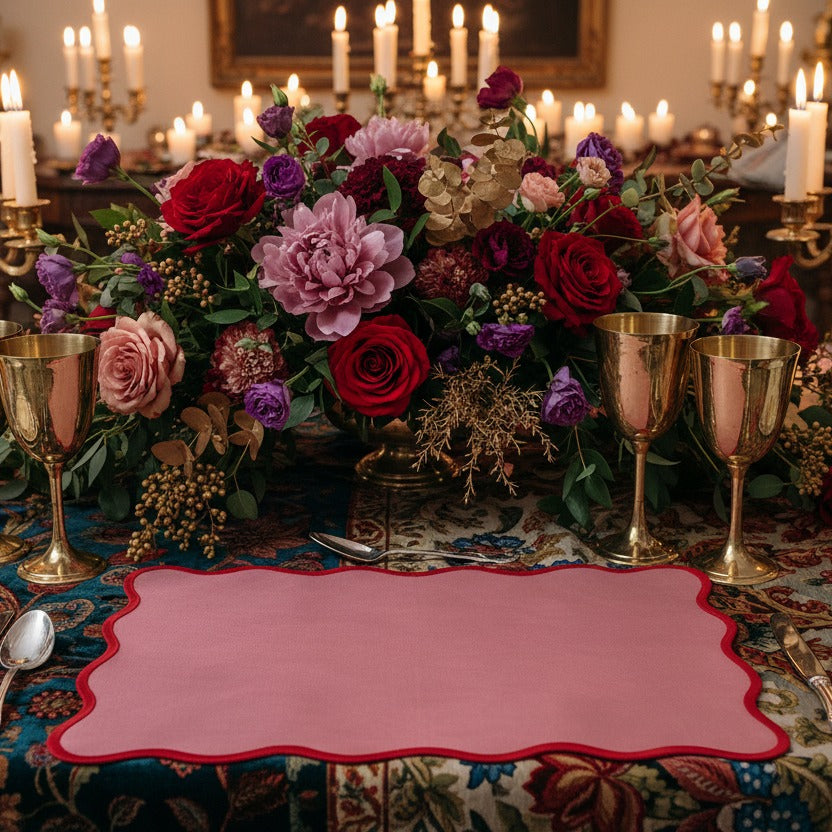 Handmade Cotton Red Bordered Pink Scallop Placemats - Set of 4 styled in a room setting