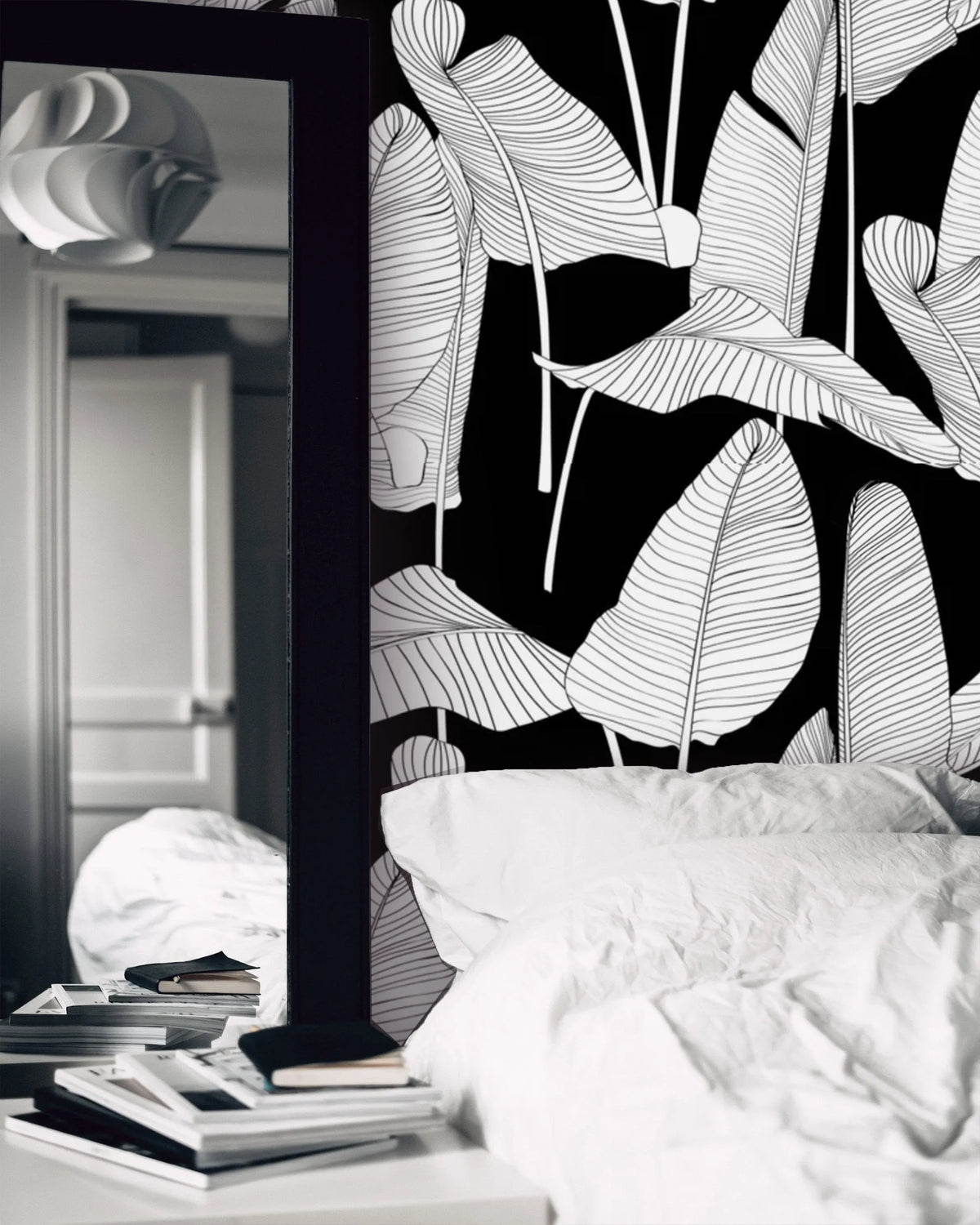 Black and White Oversized Banana Leaf Wallpaper