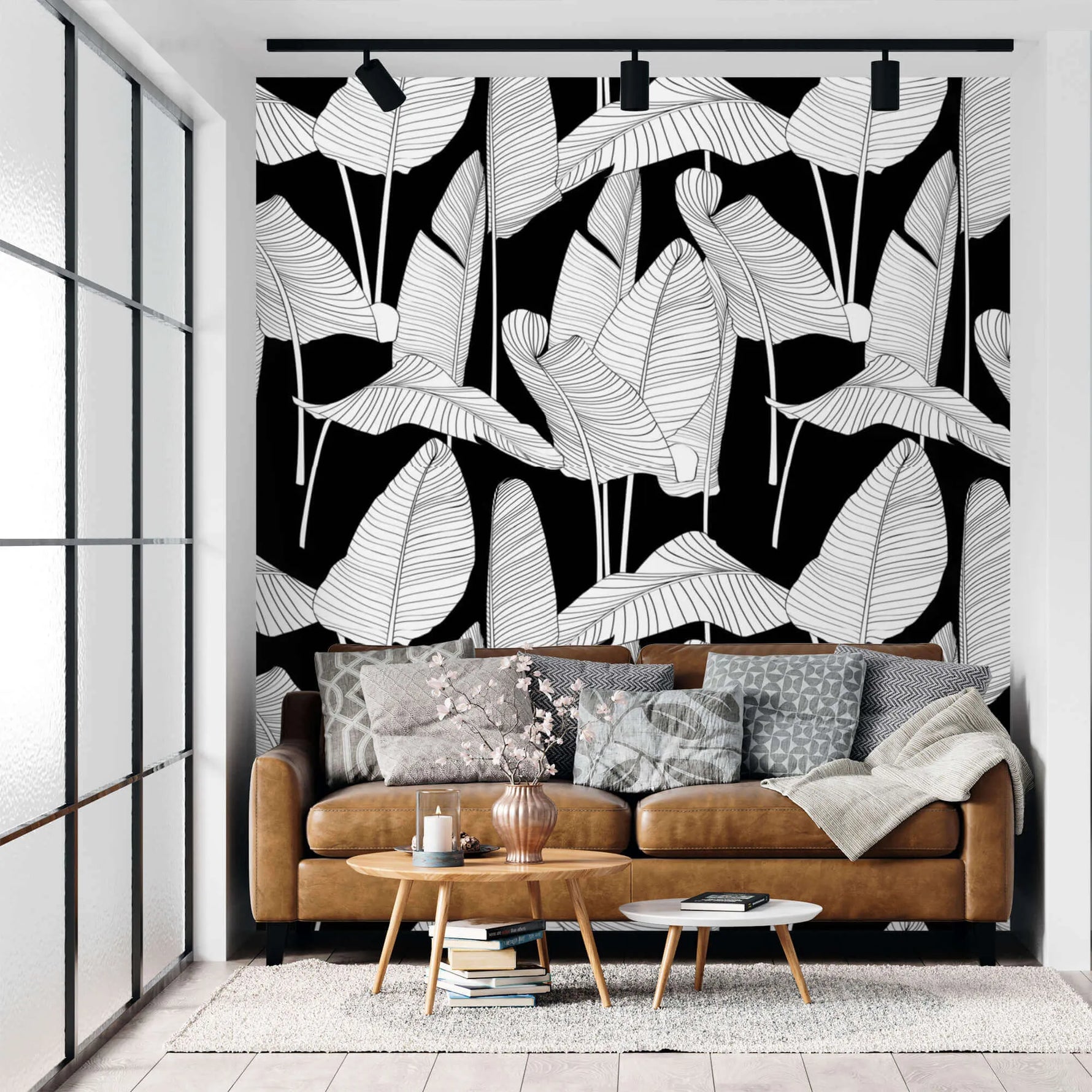 Black and White Oversized Banana Leaf Wallpaper