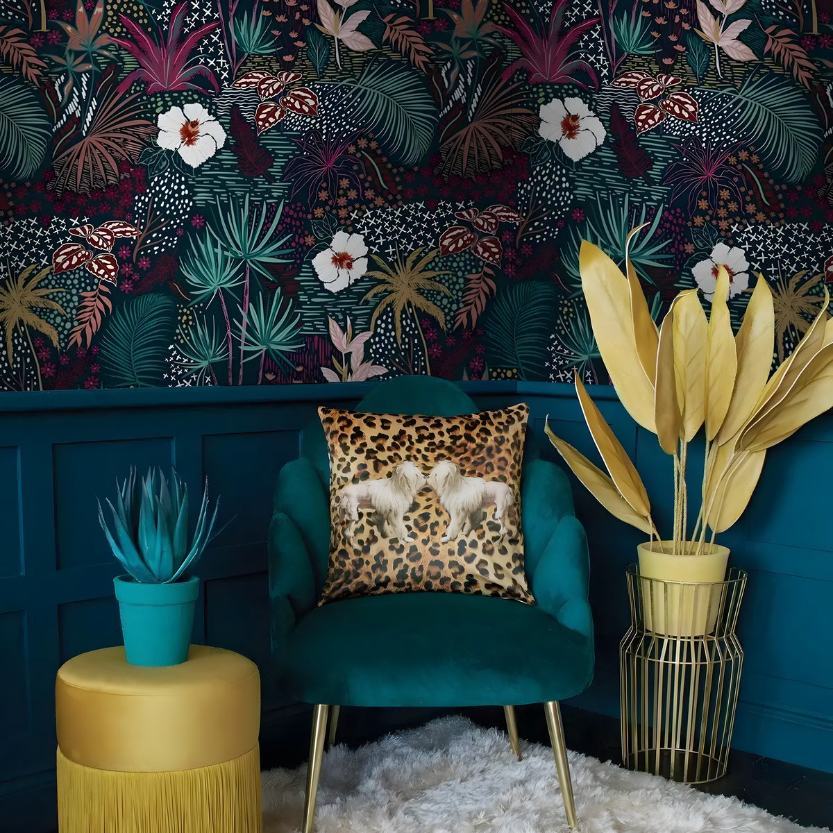 Tropical jungle wallpaper in dark teal room — colorful palms, hibiscus in teal, pink, magenta, gold
