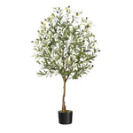 4 ft artificial olive tree with full green leafy canopy and dark faux olives on slim braided trunk in black pot