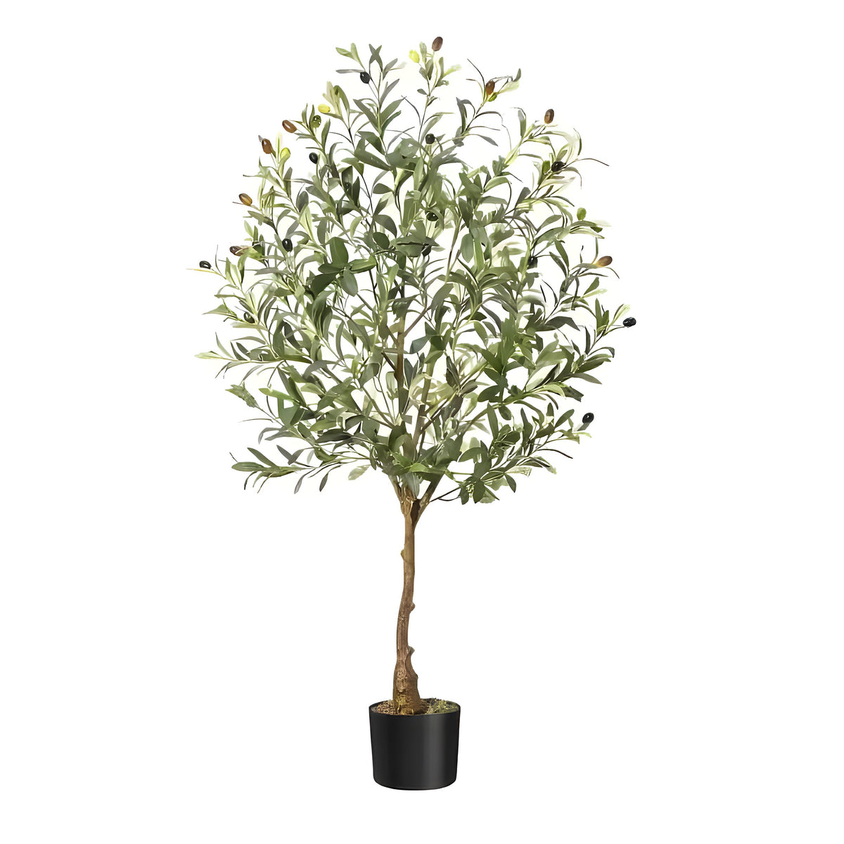 4 ft artificial olive tree with full green leafy canopy and dark faux olives on slim braided trunk in black pot