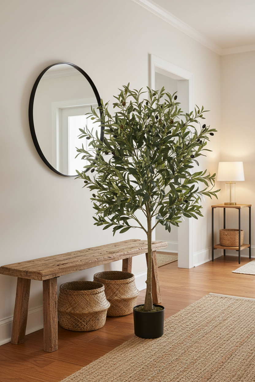 An artificial olive tree in a black pot placed on a wooden floor in a styled entryway, next to a rustic wooden bench, two woven baskets, a round wall mirror, and a side table with a lamp.