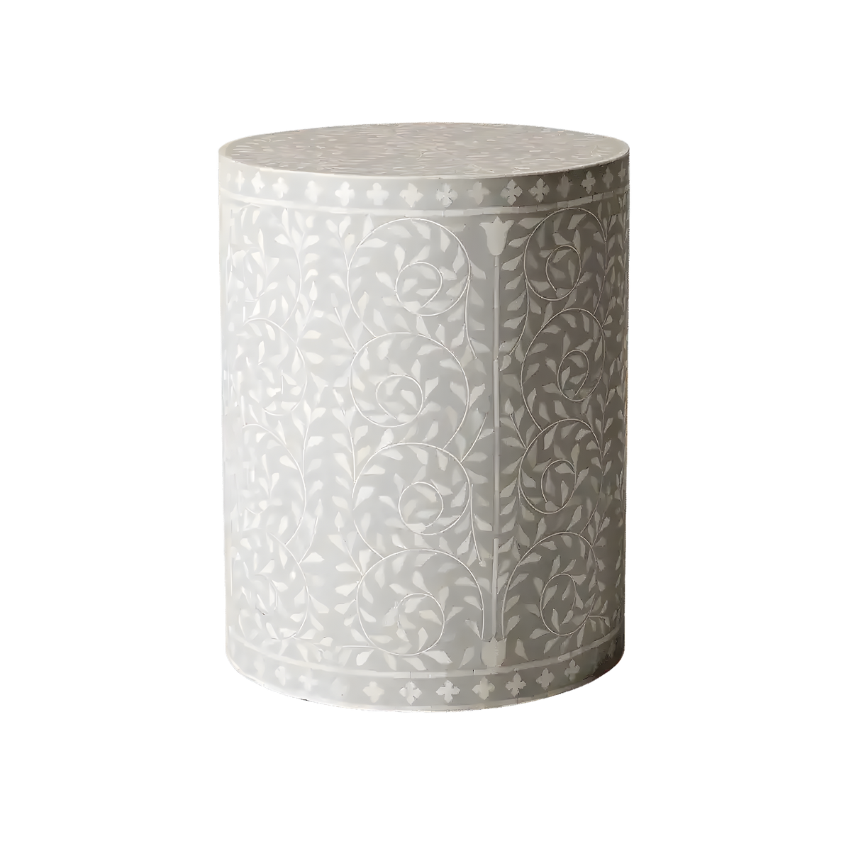 Gray floral motif bone inlay round drum side table covered in white vine and leaf bone inlay on gray ground, full height view
