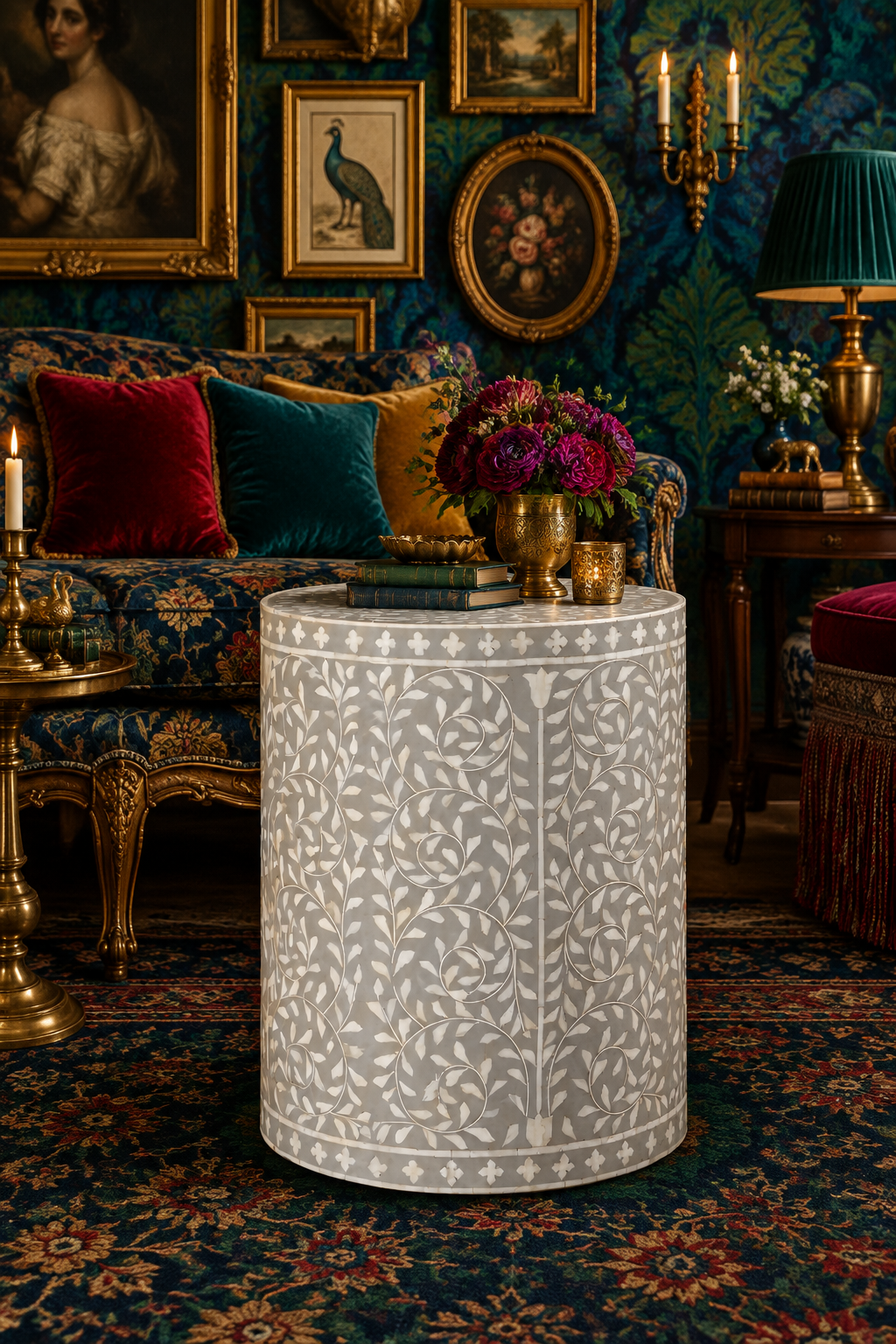 Gray Floral Motif Bone Inlay Round Drum Side Table