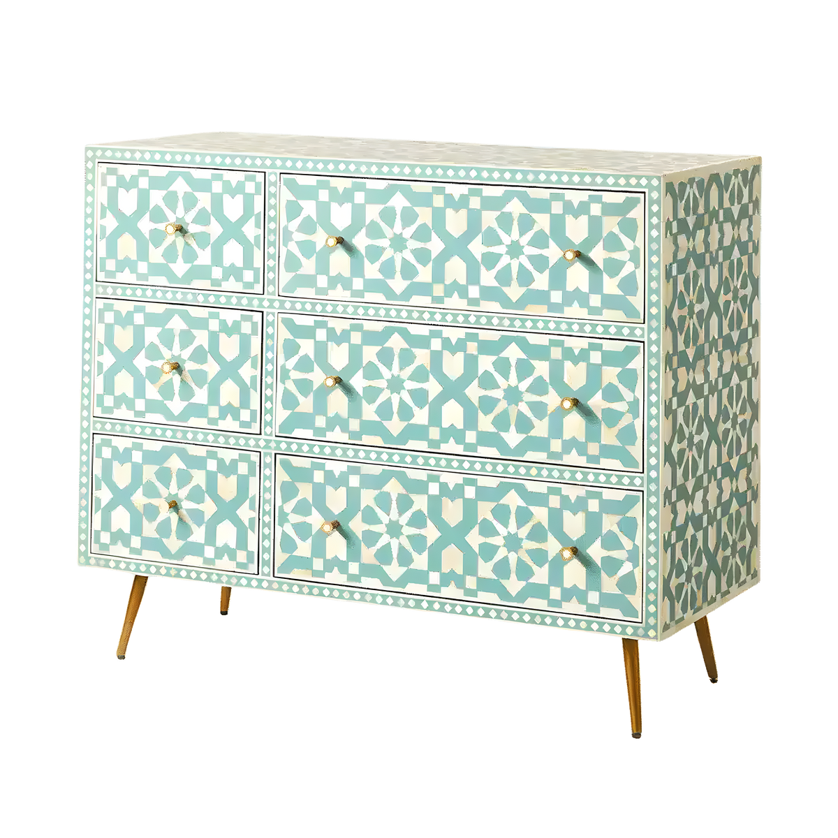 Green and white Moroccan geometric bone inlay 6 drawers chest - teal and cream geometric pattern, gold tapered legs