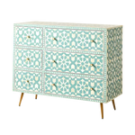 Green and white Moroccan geometric bone inlay 6 drawers chest - teal and cream geometric pattern, gold tapered legs