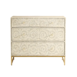 Gray floral motif bone inlay chest — 3-drawer dresser with white scrolling floral vine inlay on gray ground, gold base