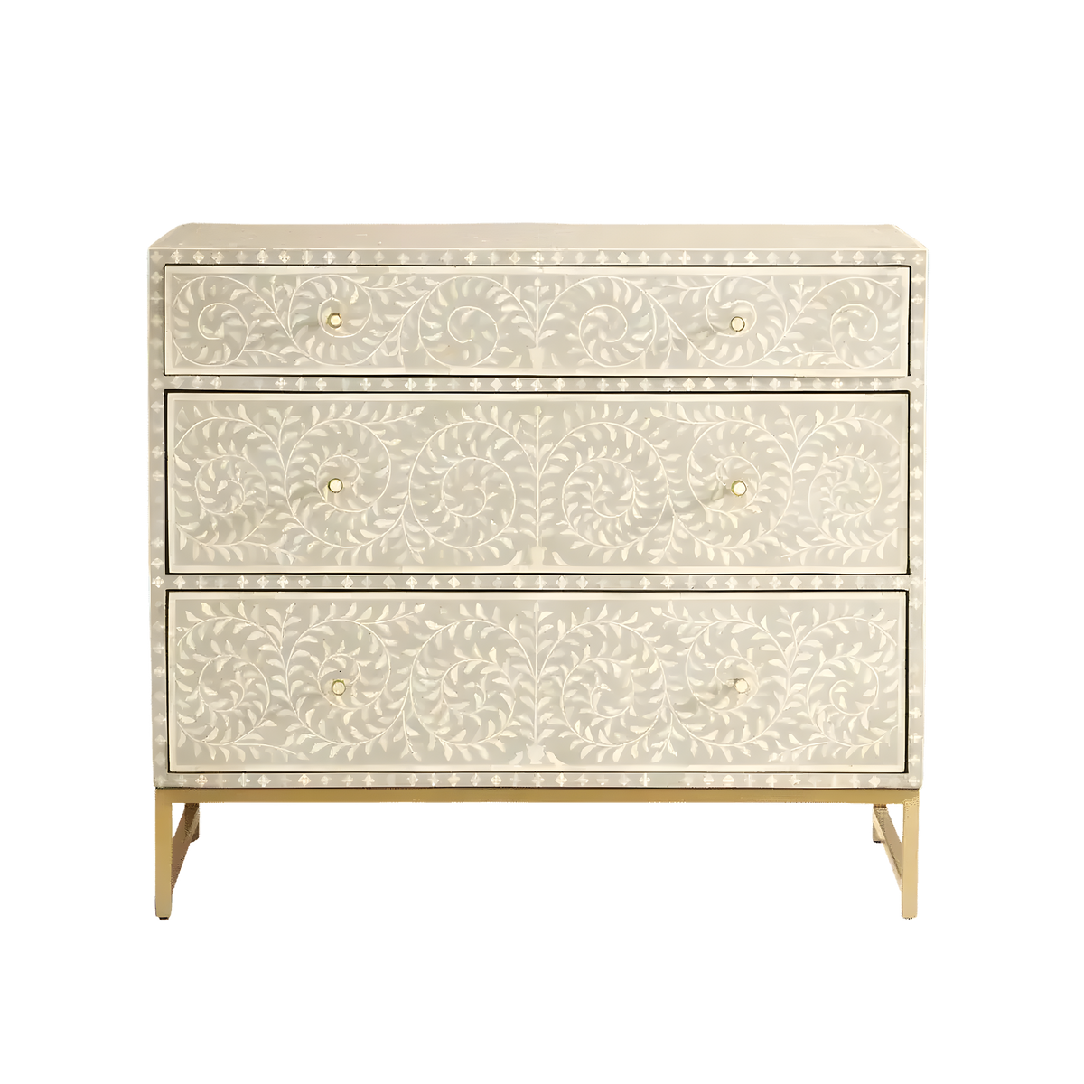 Gray floral motif bone inlay chest — 3-drawer dresser with white scrolling floral vine inlay on gray ground, gold base