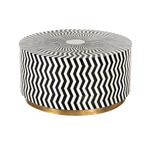 Round Black and White Zic Zac bone inlay coffee table with bold chevron pattern, radiating top, gold metal base ring