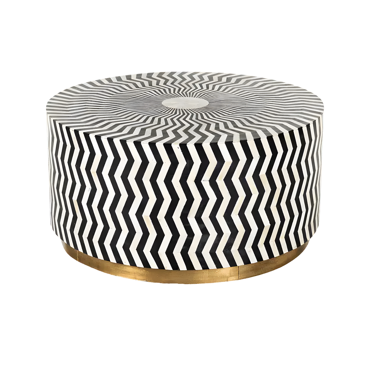Round Black and White Zic Zac bone inlay coffee table with bold chevron pattern, radiating top, gold metal base ring