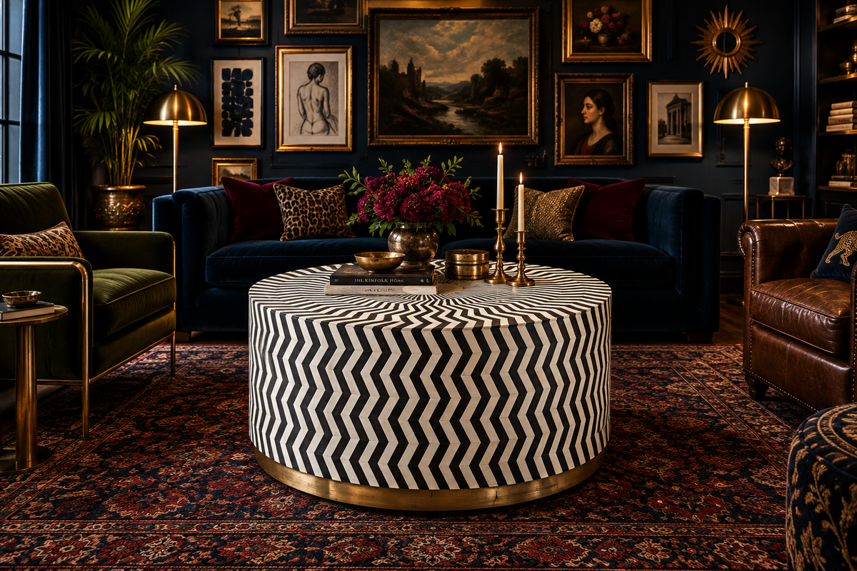 Black and White Zic Zac Bone Inlay Round Coffee Table
