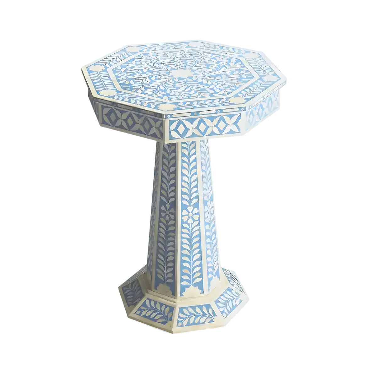 Blue floral bone inlay pedestal side table, octagonal top with white floral pattern on blue, tapered column base on grey background