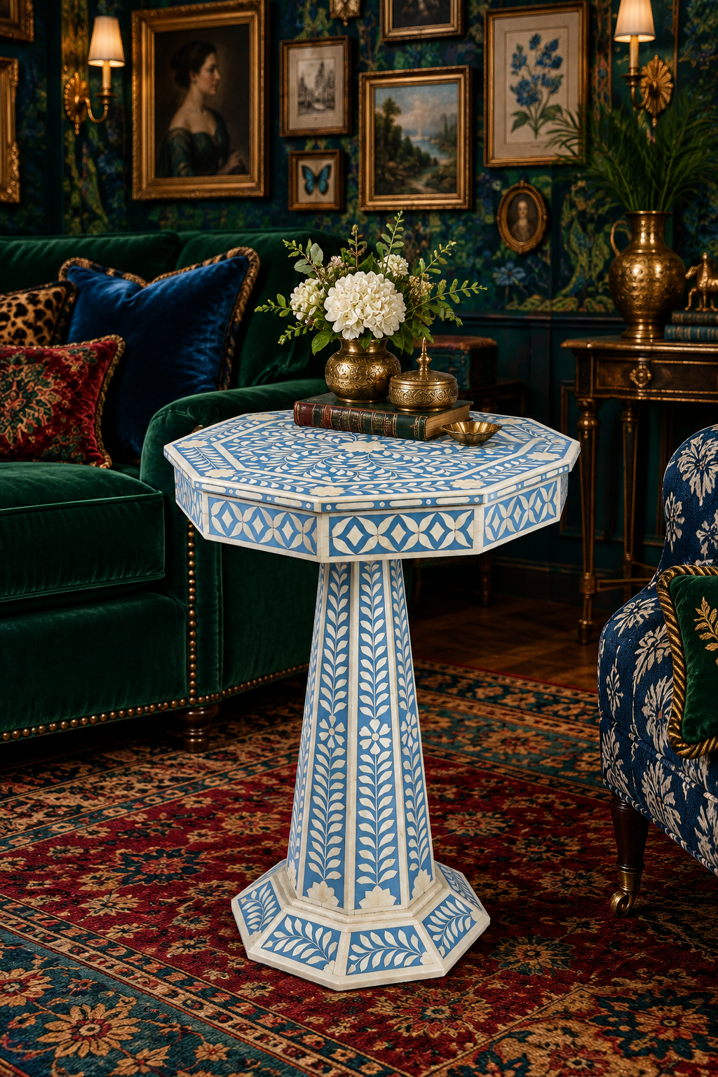 Blue Floral Bone Inlay Pedestal Side Table