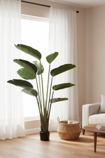 A large artificial bird of paradise plant in a dark pot, placed in a bright, modern living room next to a window with white sheer curtains, a woven basket, and a light-colored armchair.