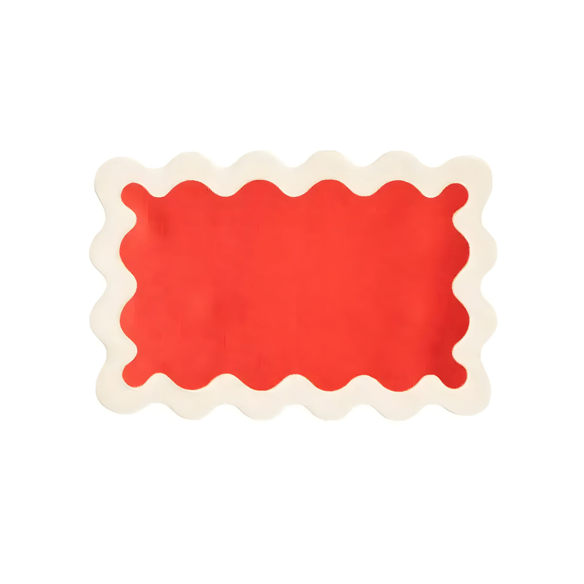 Single white and red linen scallop placemat flat lay, red center with cream wavy scalloped border, on white background