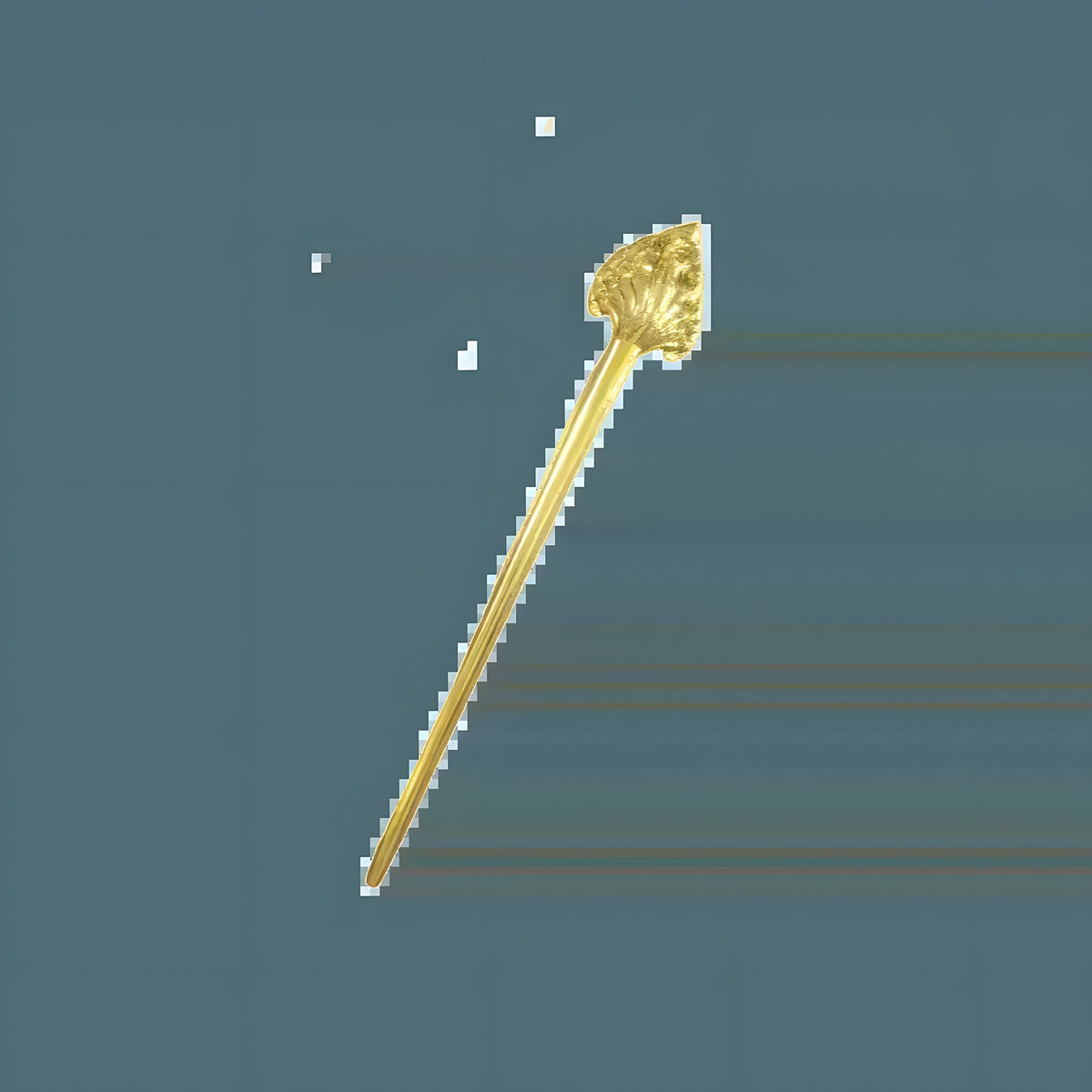 Gold recycled bullet brass Naga hair pin, long thin straight pin with ornate flared flower-cap topper, on gray background