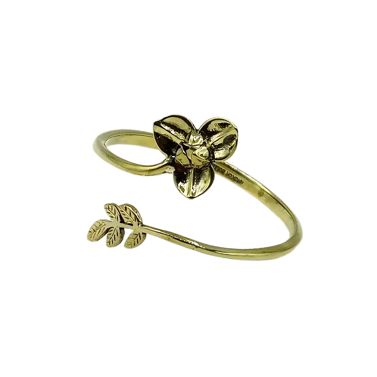 Open-ended gold brass Rumduol flower bangle on white background, 3-petal flower at one end and small leaf sprig at the other
