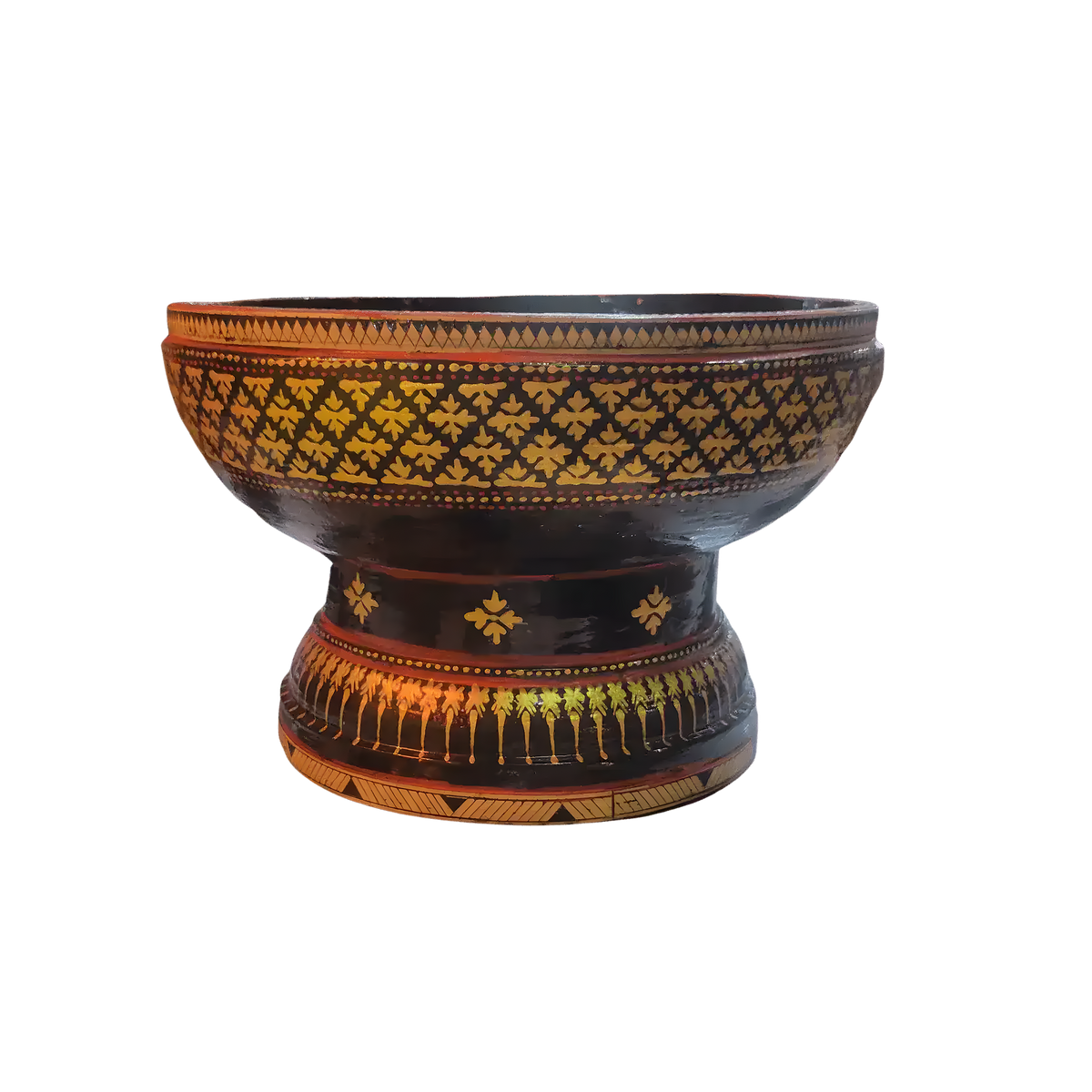 Black lacquered wooden bowl with pedestal, hand painted gold floral and leaf lattice pattern on bowl body and base