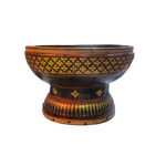 Black lacquered wooden bowl with pedestal, hand painted gold floral and leaf lattice pattern on bowl body and base