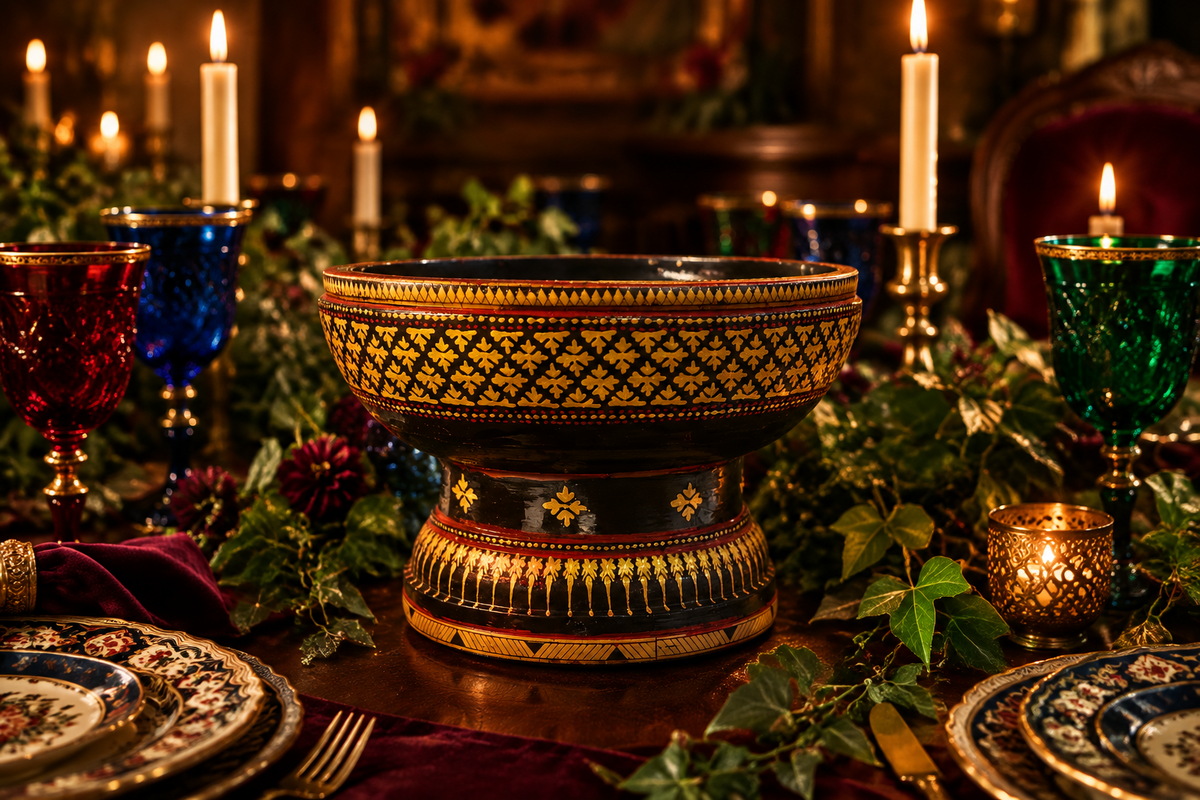 Black and Gold Hand Painted Wooden Bowl with Pedestal