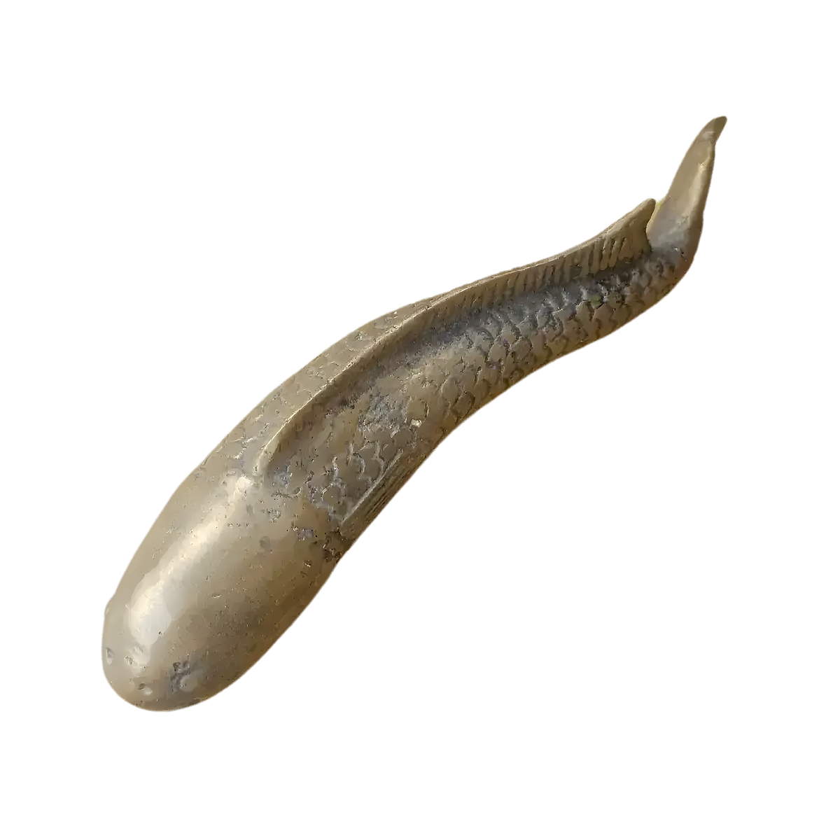 Solid brass fish figurine sculpture, curving body with engraved scale texture and forked tail, side view on gray