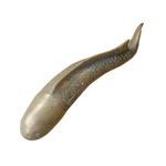 Solid brass fish figurine sculpture, curving body with engraved scale texture and forked tail, side view on gray