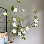 Extra-large white azalea flower branch in rustic vase, white blooms with green leaves on textured brown branch against grey wall