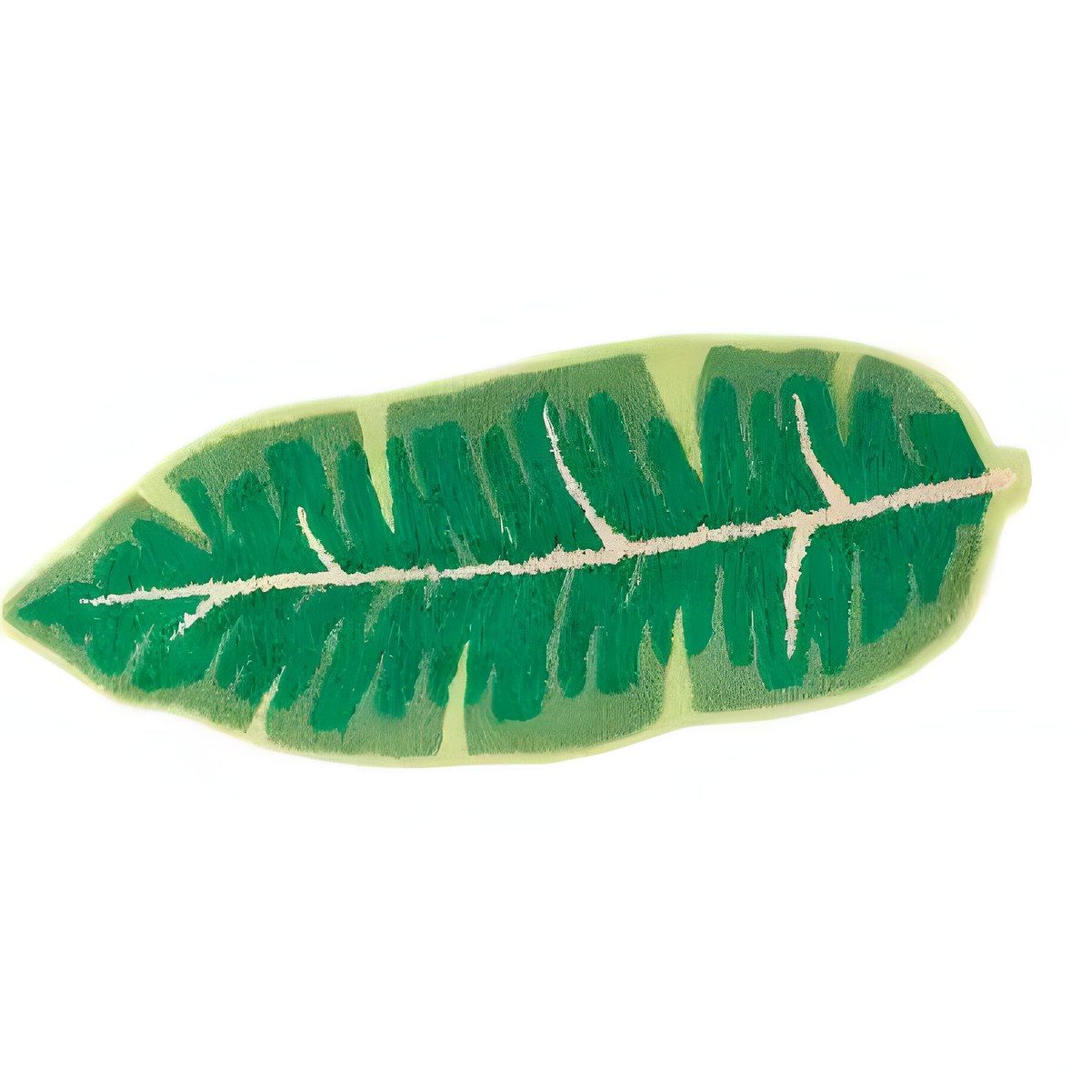 Green leaf bath mat with deep green tufted pile and ivory center rib, white background flat lay