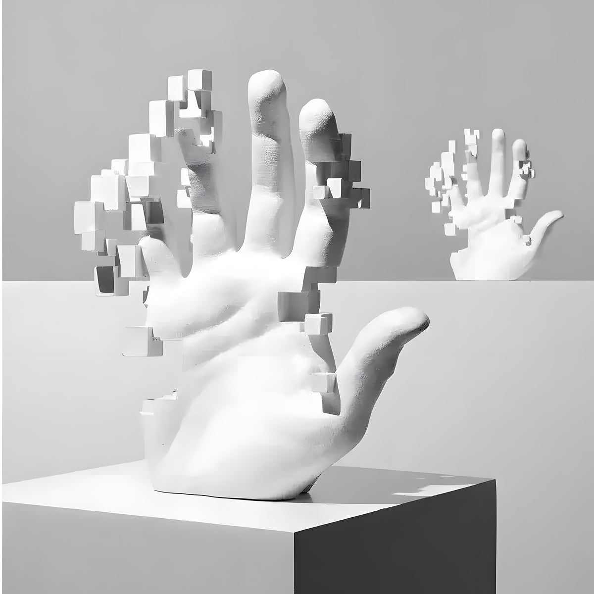 White artistic mosaic hand sculpture front view — open palm with fragmented pixelated cubic effect on fingers, studio grey bg