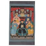 Chinese ancestors canvas with six figures in colorful robes seated in layered rows in ornate red-draped palace chamber