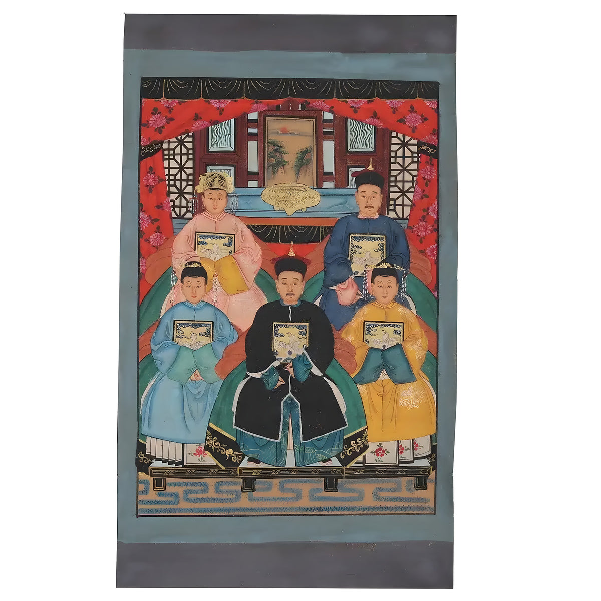 Chinese ancestors canvas with six figures in colorful robes seated in layered rows in ornate red-draped palace chamber