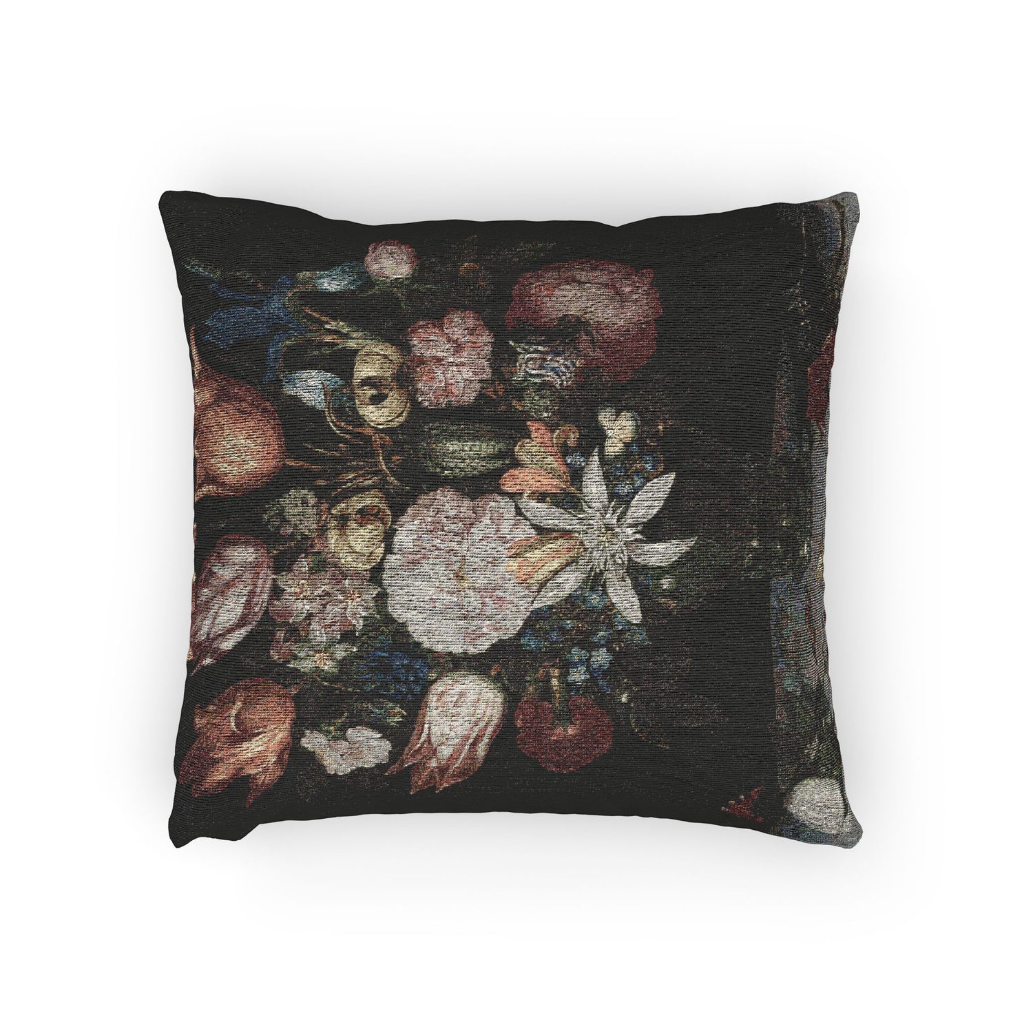 A square throw pillow featuring a dark, textured tapestry-style print of a classic still life floral painting on a white background.