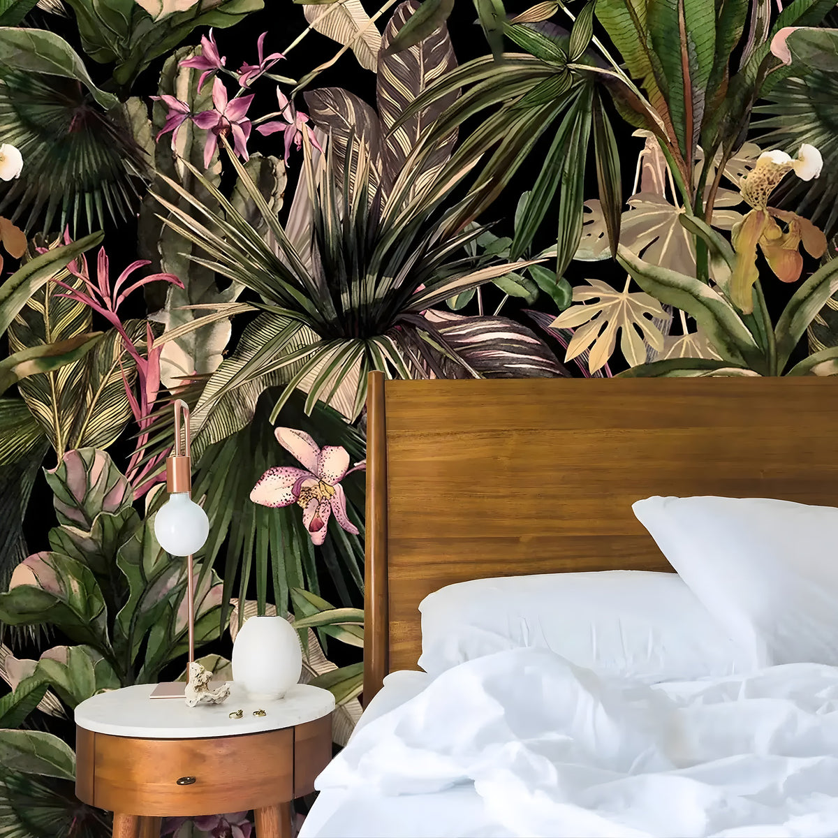 Enchanting jungle symphony wallpaper in a bedroom, dense dark tropical canopy with green palms, pink orchids and exotic blooms