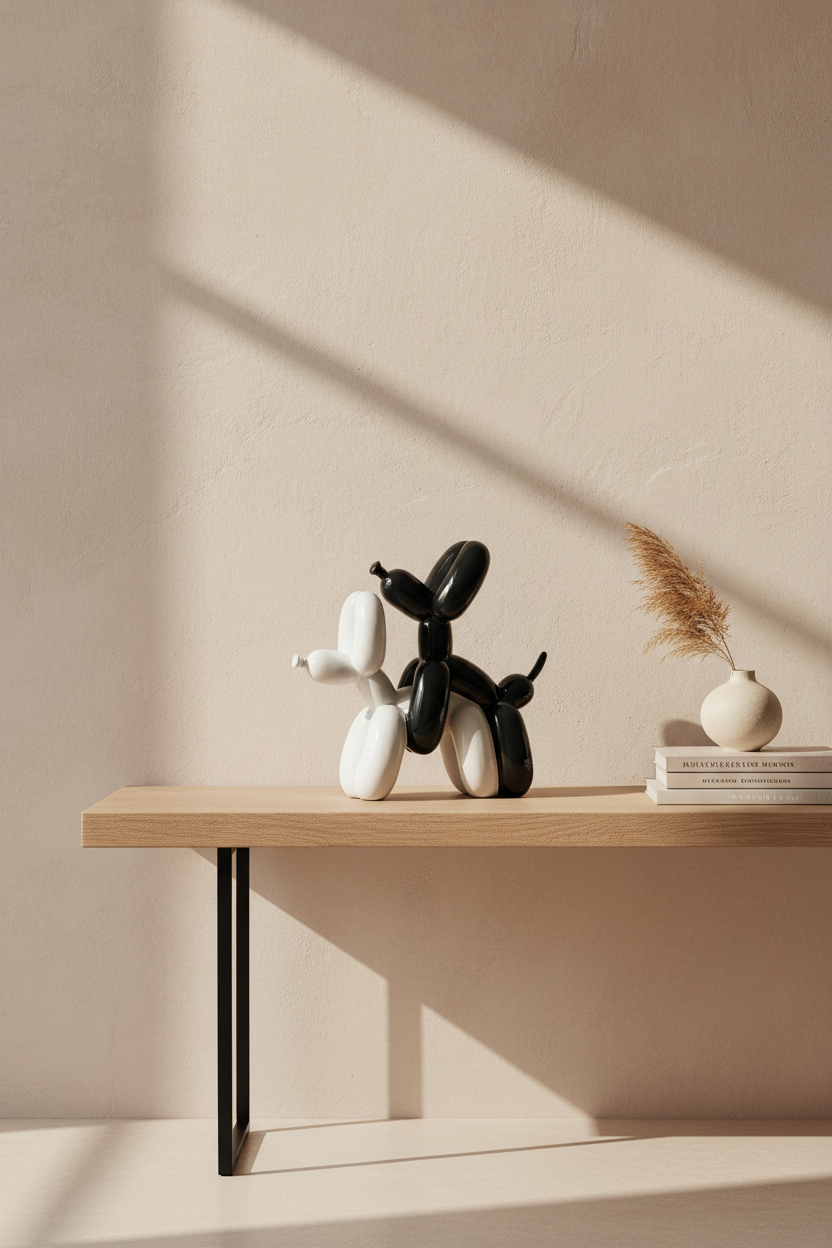 A minimalist interior scene with a light wood console shelf against a warm beige wall, lit by diagonal sunlight. On the shelf are two sculptural dog figures, one black and one white, alongside a small white vase with dried grass and a stack of books.