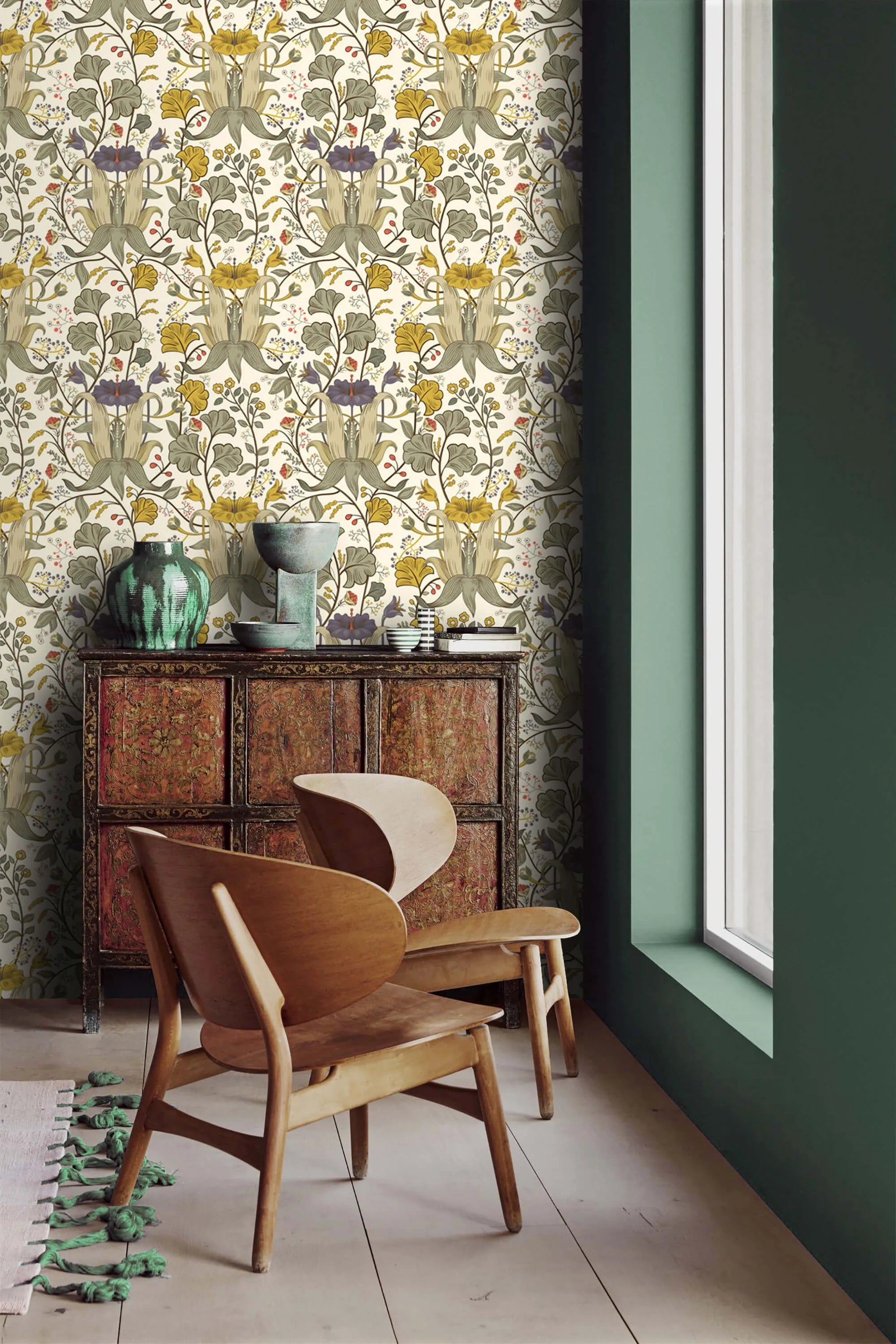 Golden Blooms Symphony: Vintage Yellow Floral Wallpaper