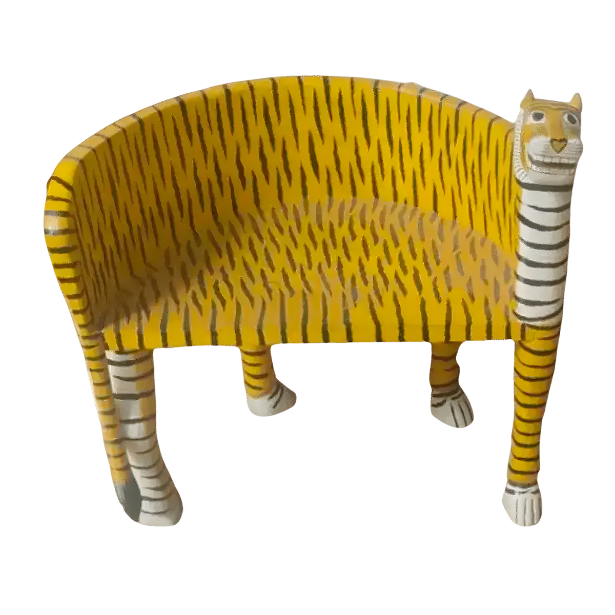 Yellow wooden tiger Maharaja chair with black stripe painted body and carved tiger head, angled front view